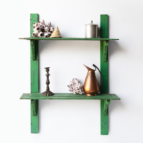 Antique Jade Green Painted Pine Wall Shelves, Early 20Th Century