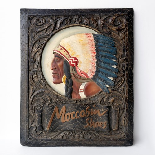 Vintage Hand Painted 'Moccasin Shoes' Advertising Sign, Native American Chief