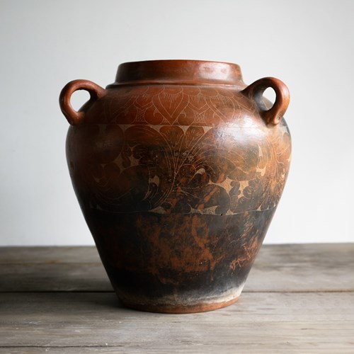 Large Vintage Burnished Terracotta Pottery Jar With Sgraffito Decoration, 20Th C