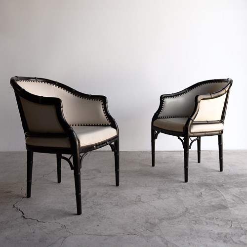 Pair Of Vintage Chinoiserie Ebonised Faux Bamboo Tub Chairs, Mid 20Th Century