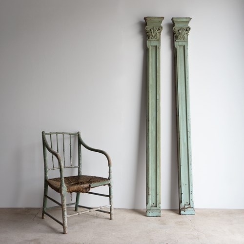 Pair Of Antique Carved Painted Wooden Pilaster Half Columns, 19Th Century
