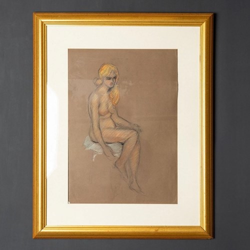 Vintage Original French Female Nude Life Drawing Portrait Study, 20Th Century