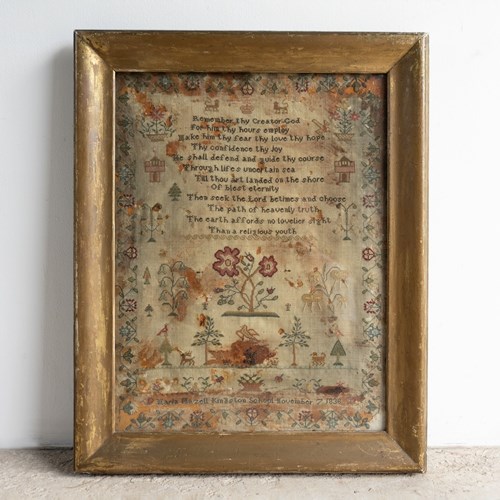 Antique Early Victorian Folk Art Needlework Sampler In Gilt Frame, 1830S