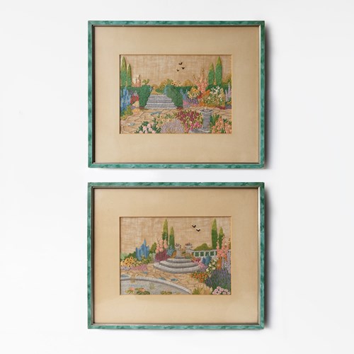 Pair Of Vintage Country House Garden Embroideries In Faux Malachite Frames 1930S