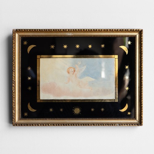 Small Antique Cherub Watercolour In Moon And Star Verre Egolisme Frame, 19Th C.