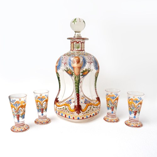 Antique Enamelled Glass Decanter & Glasses By J & L Lobmeyr, Vienna Late 19Th.C 