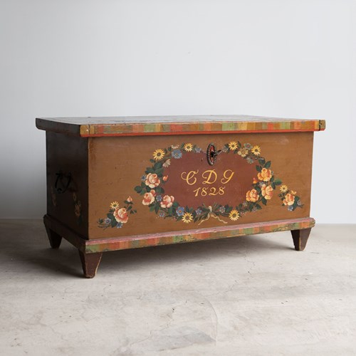 Antique Swedish Folk Art Marriage Chest Storage Box, Early 19Th Century