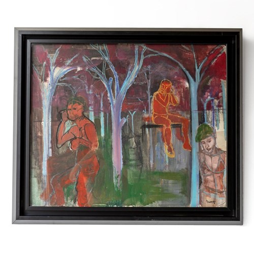 Large Vintage Original Expressionist Figurative Oil On Board Painting, 20Th C.