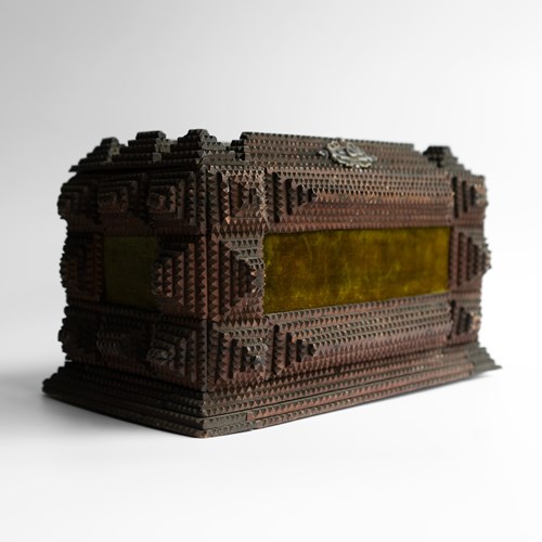 Antique Tramp Art Carved Wooden Box , Folk Art Jewellery Casket, Late 19Th C.