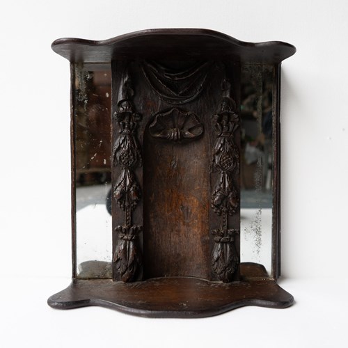 Antique Early Oak Carved Panel Niche, Wall Mounted Mirrored Shelf, 17Th Century