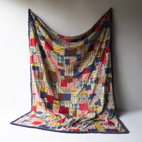 Large Vintage Hand Stitched Patchwork Quilt Bedspread, Mid 20Th Century