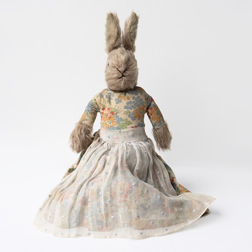 Antique Mrs Rabbit Teddy Bear/Bunny Doll In A Floral Dress, Circa 1920S