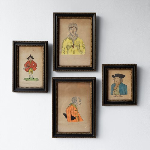 Set Of Antique Naive Folk Art Portrait Drawings, Pen, Ink And Watercolour 19Th C