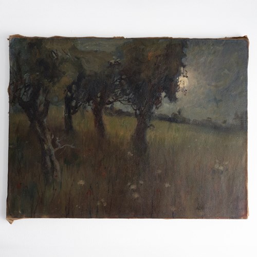 Italian Moonlight Landscape By Alberto Cecconi, Vintage Original Oil Painting