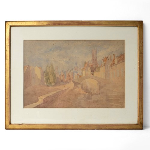 Antique Original Edwardian Landscape Watercolour Depicting Bruges, Early 20Th C.