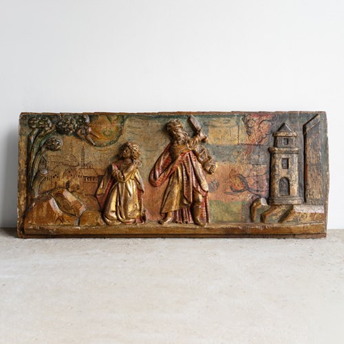 Antique Renaissance Biblical Panel Carving Polychrome Decoration, 16Th Century
