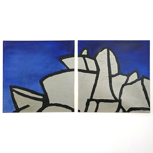 Large Abstract Architectural Diptych By Richard Sladden, Pair Of Original Oils