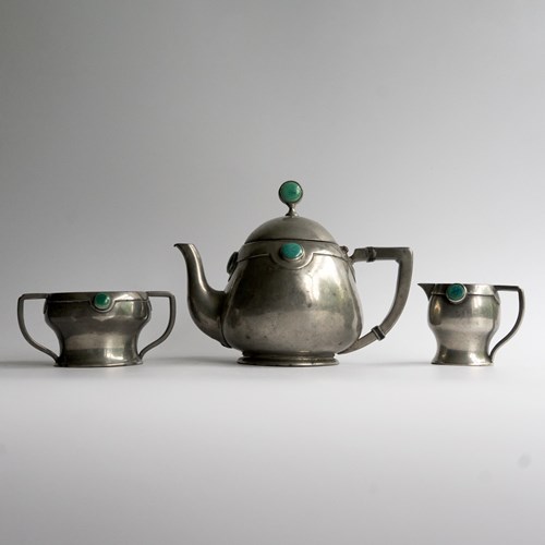Antique Pewter Arts And Crafts Tea Set By William Hutton & Sons, Early 20Th C.
