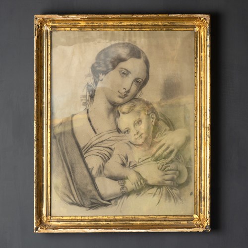 Antique French Original Portrait Drawing Of A Mother And Child, 19Th Century