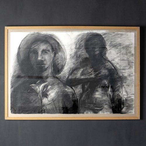 Large Vintage Original Monochrome Charcoal Drawing Of Two Figures