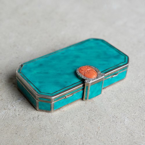 French Art Deco Silver, Enamel, Coral & Diamond Compact Box By Augusta Peyroula