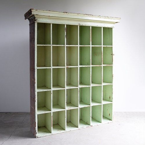 Antique Mint Green Painted Pine Pigeon Hole Shelving Unit, 19Th Century