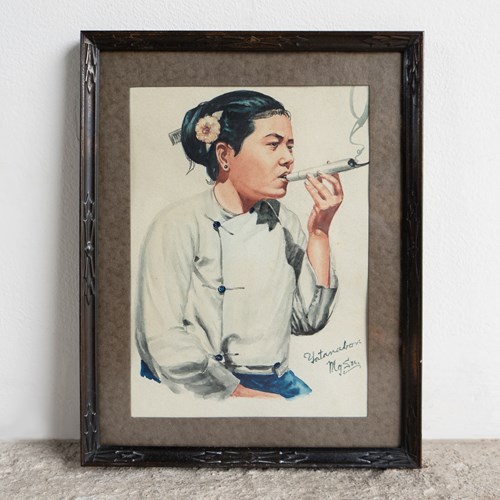 Portrait Of A Woman Smoking By Yatanabon Maung Su, Original Watercolour Painting