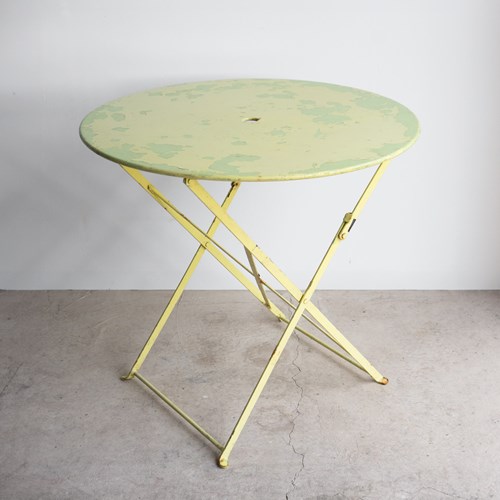 Vintage French Lemon And Lime Painted Iron Circular Bistro Table, C. 1950S
