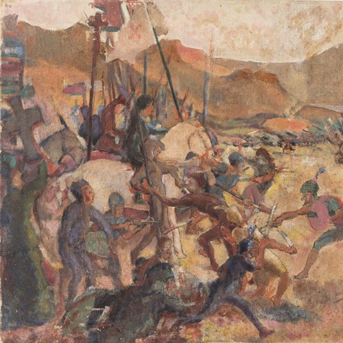 A Medieval Battle Scene Antique Original Oil Painting, Early 20Th Century