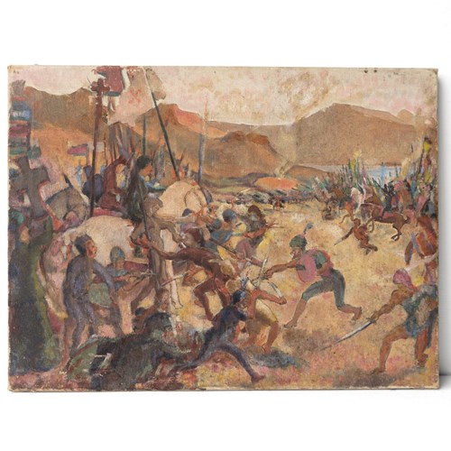 A Medieval Battle Scene Antique Original Oil Painting, Early 20Th Century