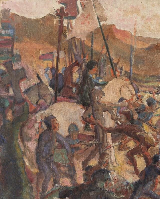 Depiction Of A Medieval Battle Scene, Antique Original Oil Painting-rag-and-bone-dsc05333-main-638343680404029395.jpg