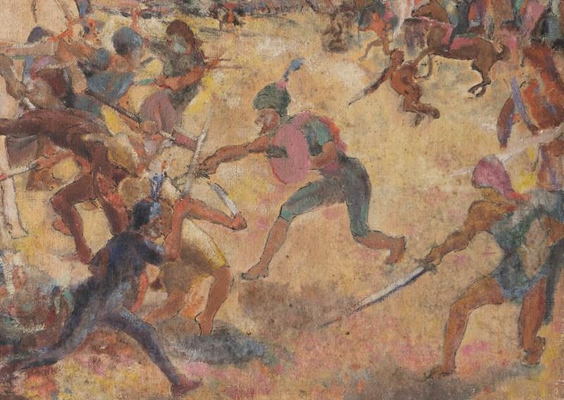 Depiction Of A Medieval Battle Scene, Antique Original Oil Painting-rag-and-bone-dsc05337-main-638343680447625304.jpg