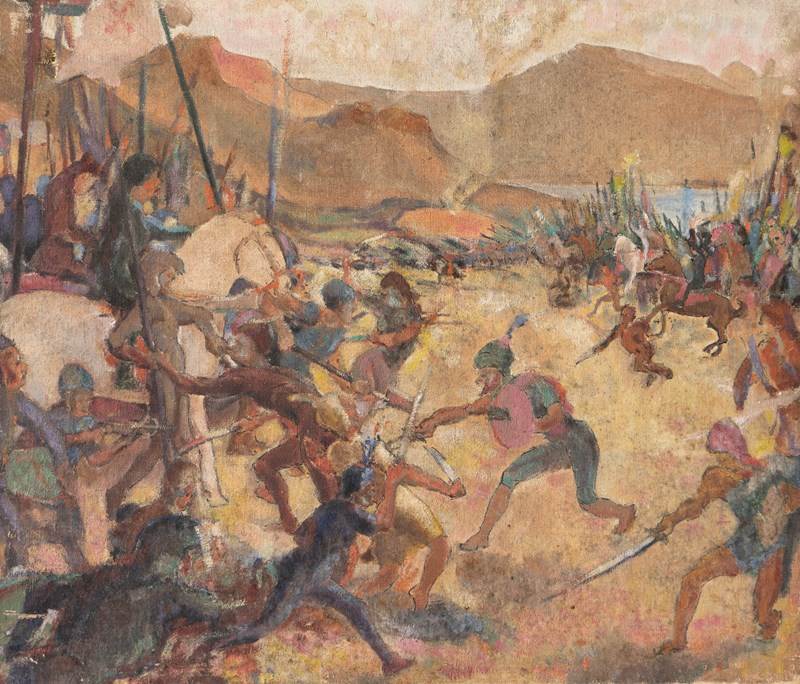 Depiction Of A Medieval Battle Scene, Antique Original Oil Painting-rag-and-bone-dsc05338-main-638343680468407806.jpg