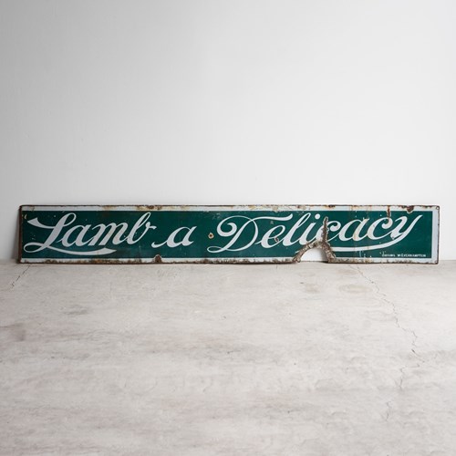 Antique Enamel Butchers Shop Sign 'Lamb A Delicacy', Early 20Th Century