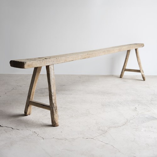 Antique Primitive Elm Pig Bench, Long And Narrow, Chinese, 19Th Century