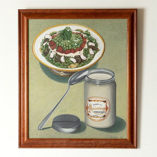Soviet Mayonnaise And Salad Still Life Oil Painting By Elena Khudiakova, 1991