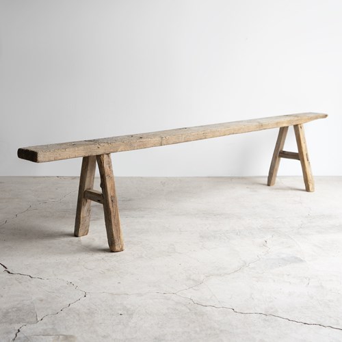 Antique Primitive Elm Pig Bench, Long And Narrow, Chinese, Early 20Th Century