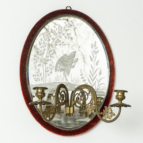 Antique Victorian Etched Girandole Velvet Framed Wall Mirror, 1880