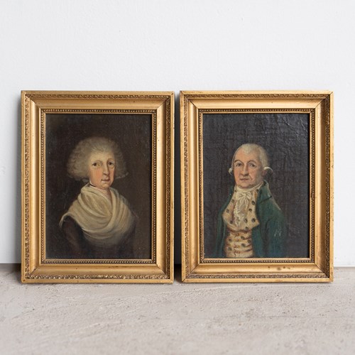 Pair Of Small Antique Georgian Portraits Provincial Folk Art Oil Paintings 18Thc