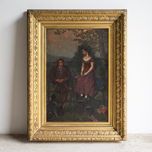Antique Folk Art Portrait Depicting Romantic Scene, Original Oil Painting 19Th C