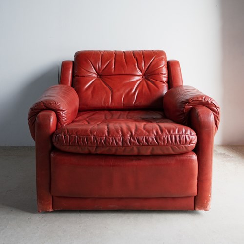 Vintage Red Leather Armchair And Footstool, Mid 20Th Century Chair