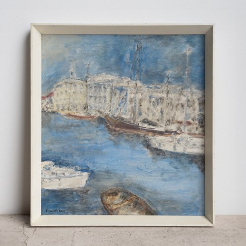 Vintage Mediterranean Harbour Scene, Original Impressionist Oil Painting, 20Th C