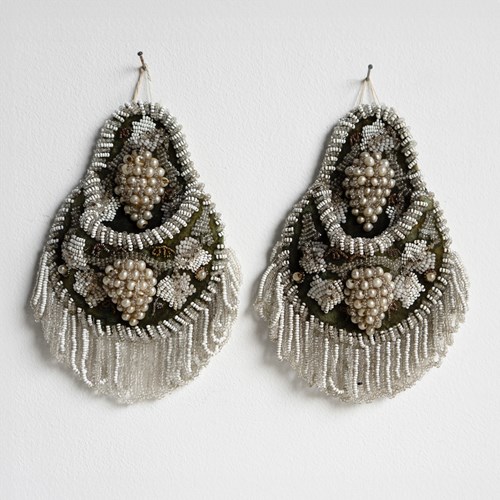 Pair Of Antique Victorian Beadwork Wall Pockets, Faux Pearl Beaded Decoration