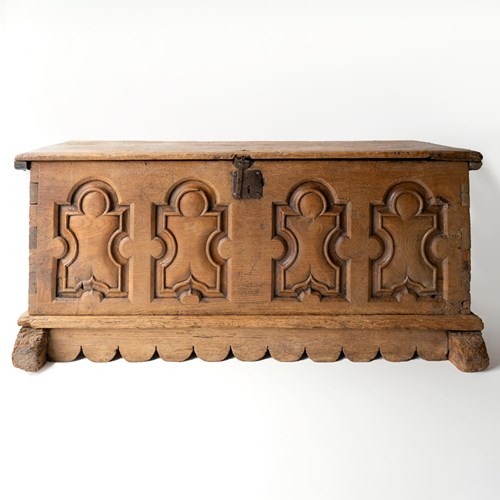 Antique Spanish Baroque Carved Elm Blanket Box Coffer, 17Th Century Chest