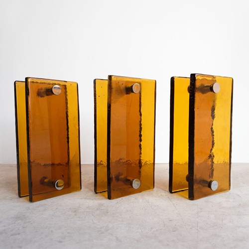 Vintage French Brutalist Amber Glass Push/Pull Door Handles, 1960S