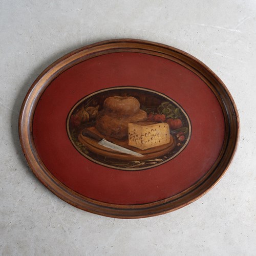 Antique French Folk Art Painted Toleware Tray With Bread And Cheese, Late 19Th C