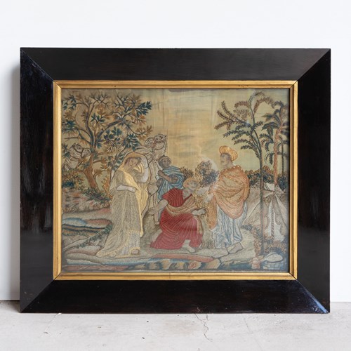 Large Antique Regency Silkwork Embroidery Depicting Rebecca At The Well