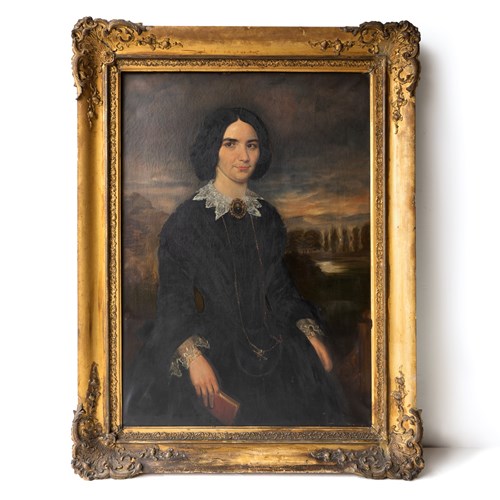 Large Victorian Portrait Of A West Country Woman In Dramatic Landscape, Antique