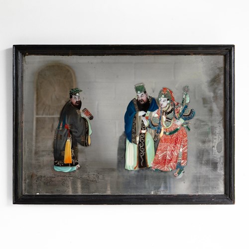 Large Antique Chinese Export Reverse Painted Mirror, Glass Painting 19Th Century