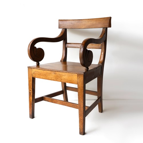 Antique Regency Oak Scroll Armchair, Early 19Th Century Elbow Chair